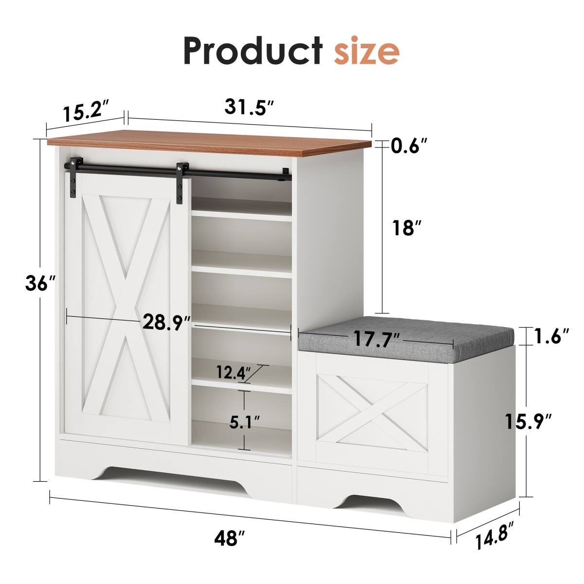 Product size

- Length: 48"
- Width: 31.5"
- Height: 36"
- Tabletop thickness: 0.6"
- Cabinet height: 18"
- Cabinet width: 28.9"
- Shelf depth: 12.4"
- Shelf height: 5.1"
- Bench seat height: 17.7"
- Bench seat thickness: 1.6"
- Bench height: 15.9"
- Bench width: 14.8"