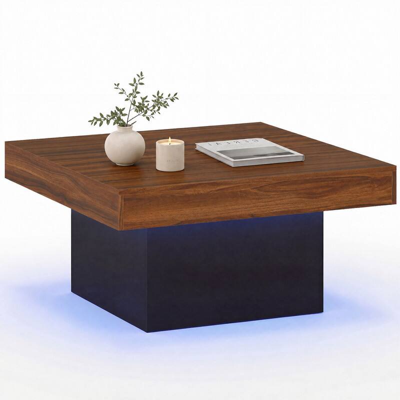 Alt View 6. WELLFOR - 35.5" Square Coffee Table with LED Lights and Dynamic Modes, Modern Thick Tabletop Wooden Center Table - Rustic Brown.