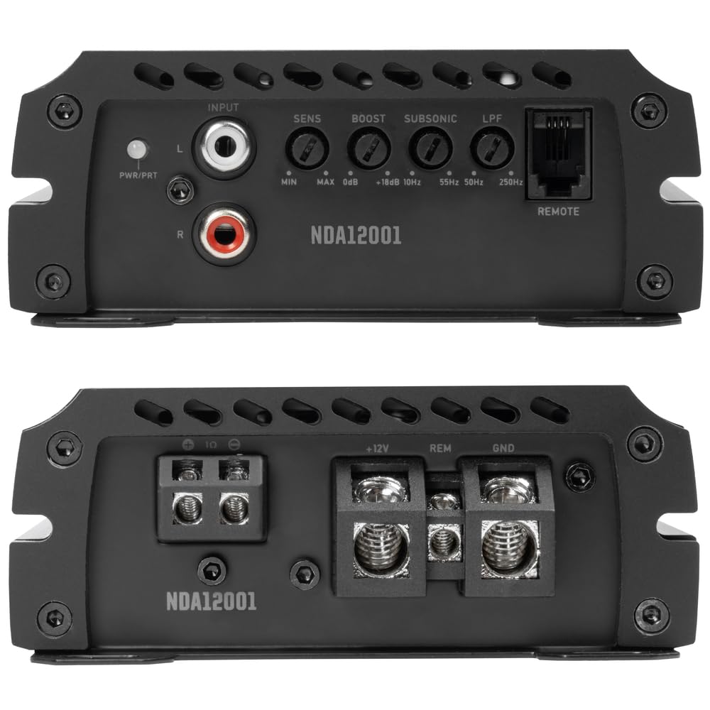 PWR/PRT L INPUT SENS BOOST SUBSONIC LPF BOCT MIN MAX 0dB +18dB 10Hz 55Hz 50Hz 250Hz R NDA12001 REMOTE 10 +12V REM GND NDA12001
