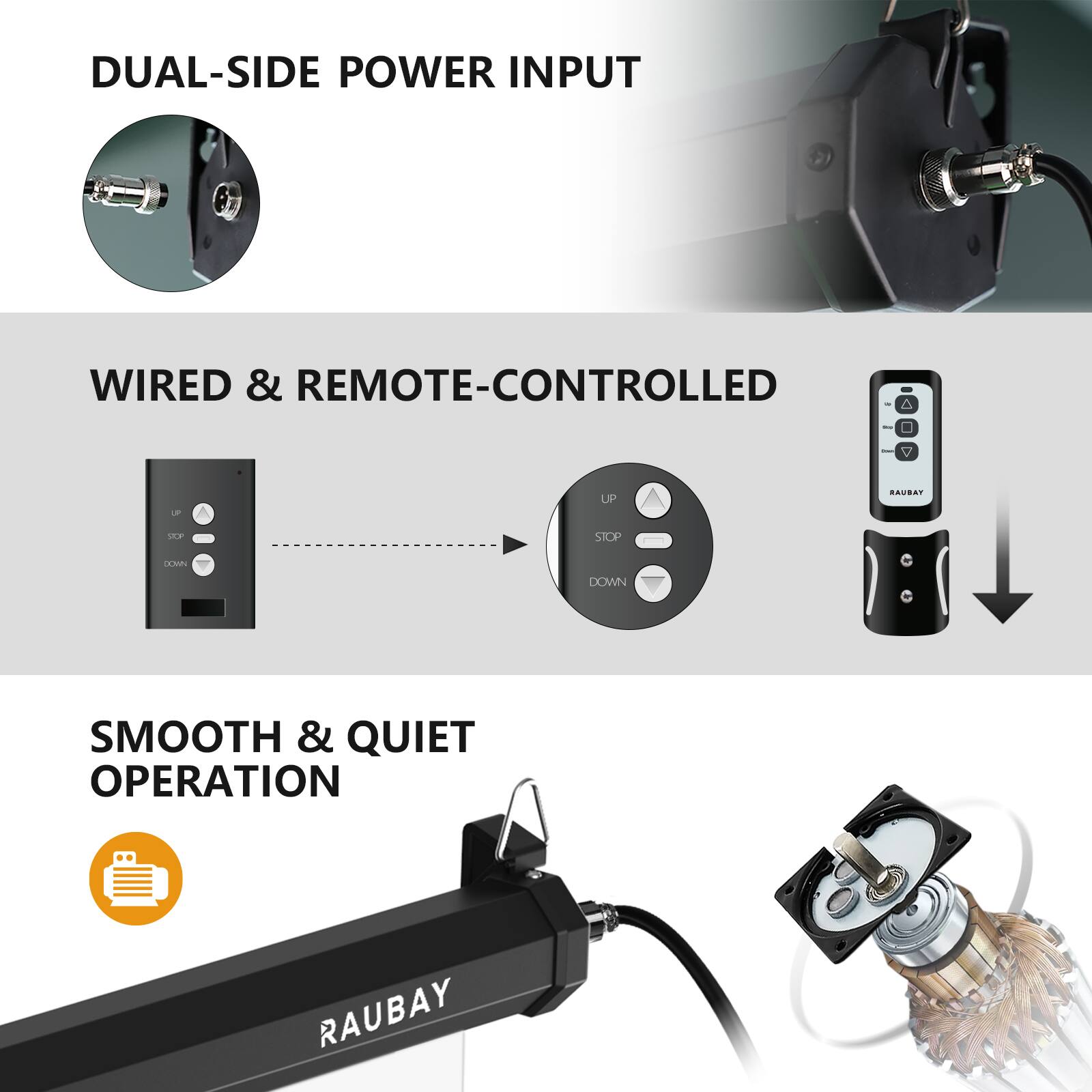 DUAL-SIDE POWER INPUT

WIRED & REMOTE-CONTROLLED

SMOOTH & QUIET OPERATION