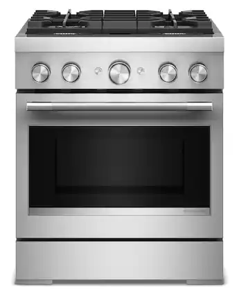 Front. KitchenAid - 30 in. Wide 4 burners 4.1 cu. ft. Slide-In Gas True Convection Range with 4 Burners, Dual Fuel, No Preheat Air Fry Mode - Stainless Steel.