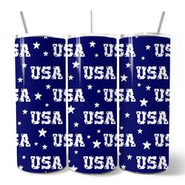 OrnamentallyYou - Navy USA Block Letters Pattern 20oz Tumbler With Stainless Steel Straw, Patriotic Gift Cup - Multicolored