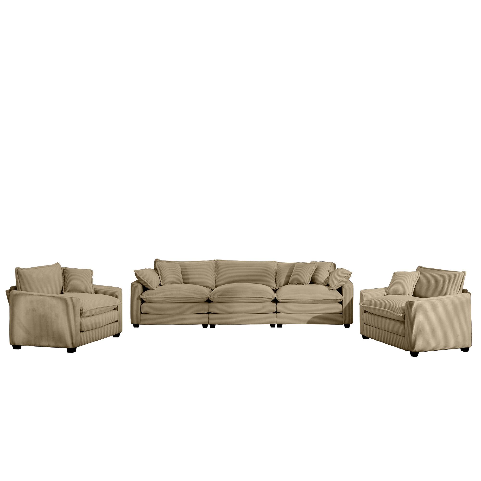 Back. LOVMOR - 3 Seater Corduroy Sofa Set Easy Assembly Memory Foam For Living Room Bedroom Home Theater Soft Textured Lounge - Tan.