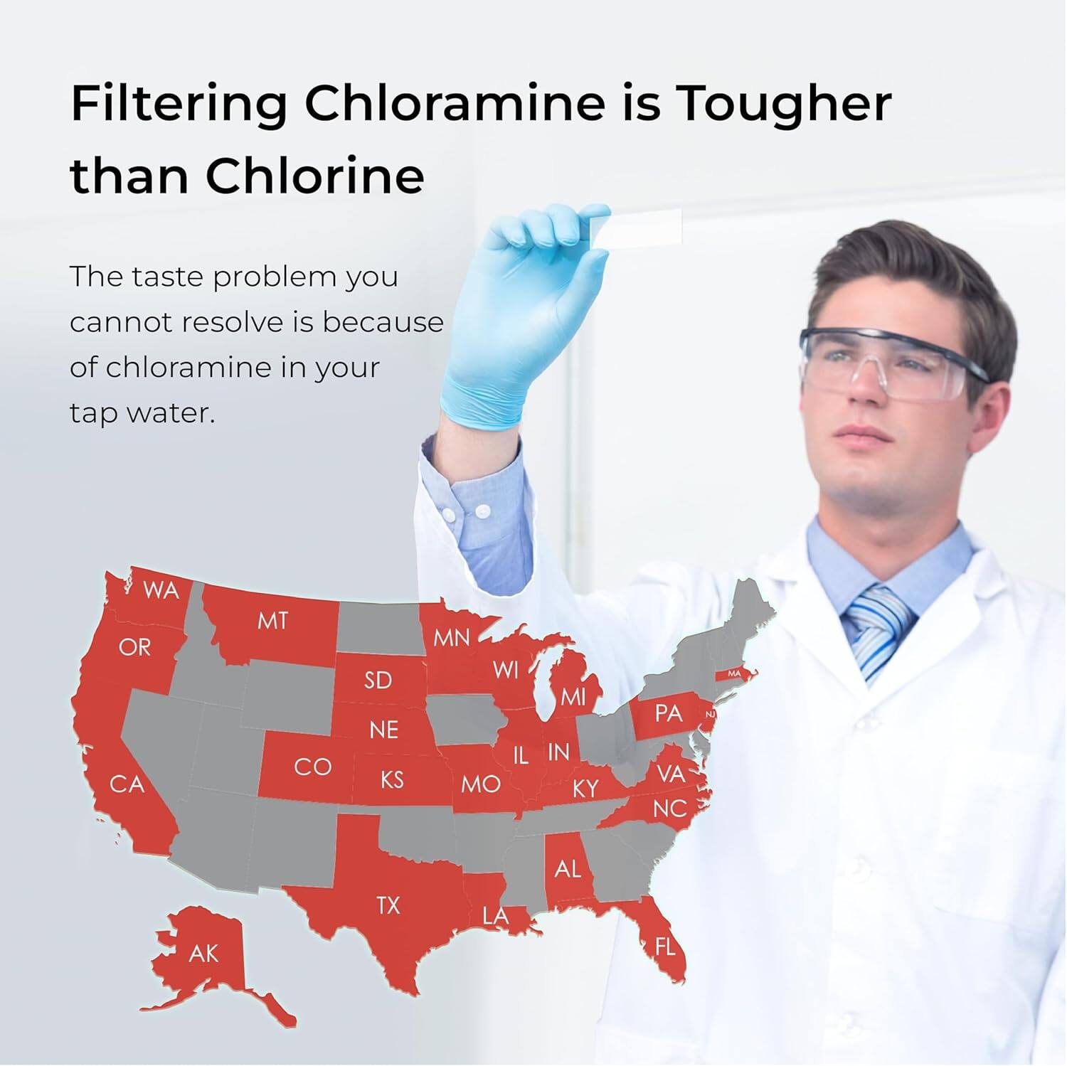 Filtering Chloramine is Tougher than Chlorine

The taste problem you cannot resolve is because of chloramine in your tap water.

WA OR CA MT SD NE KS MN WI IL MO MI IN KY PA VA NC MA AK TX LA AL FL
