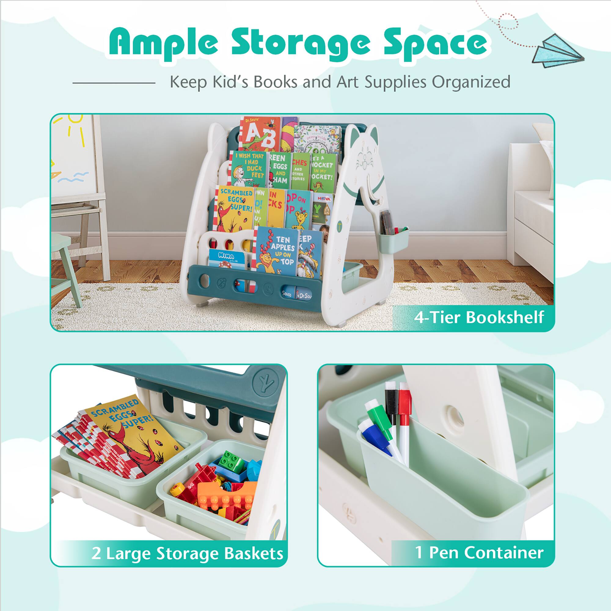 Ample Storage Space Keep Kid's Books and Art Supplies Organized

* 4-Tier Bookshelf
* 2 Large Storage Baskets
* 1 Pen Container