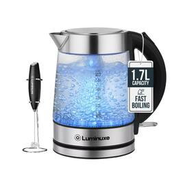 Luminuxe - Electric Kettle & Milk Frother Set, Speed-Boil Glass Electric Water Heater with Cool Touch Handle, Cordless Milk Frother - Clear