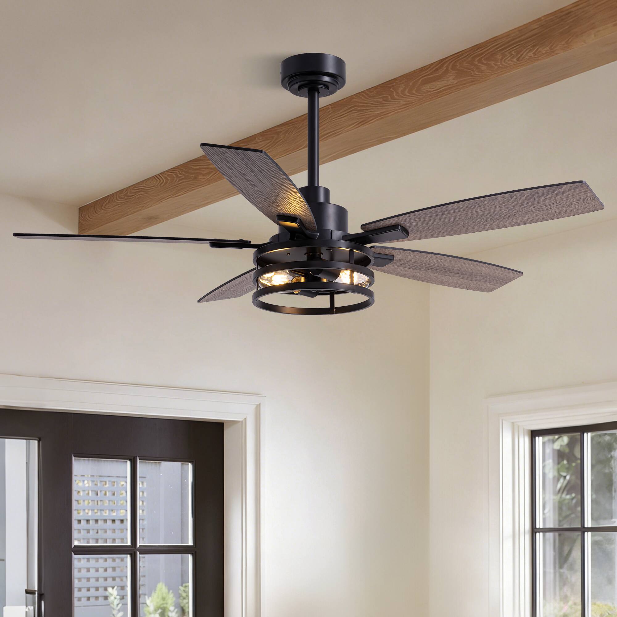 Angle. Siljoy - 52 Inch Black Caged Farmhouse Ceiling Fan with Lights & Remote for Bedroom, Living Room & Patio Indoor/Outdoor - Black.