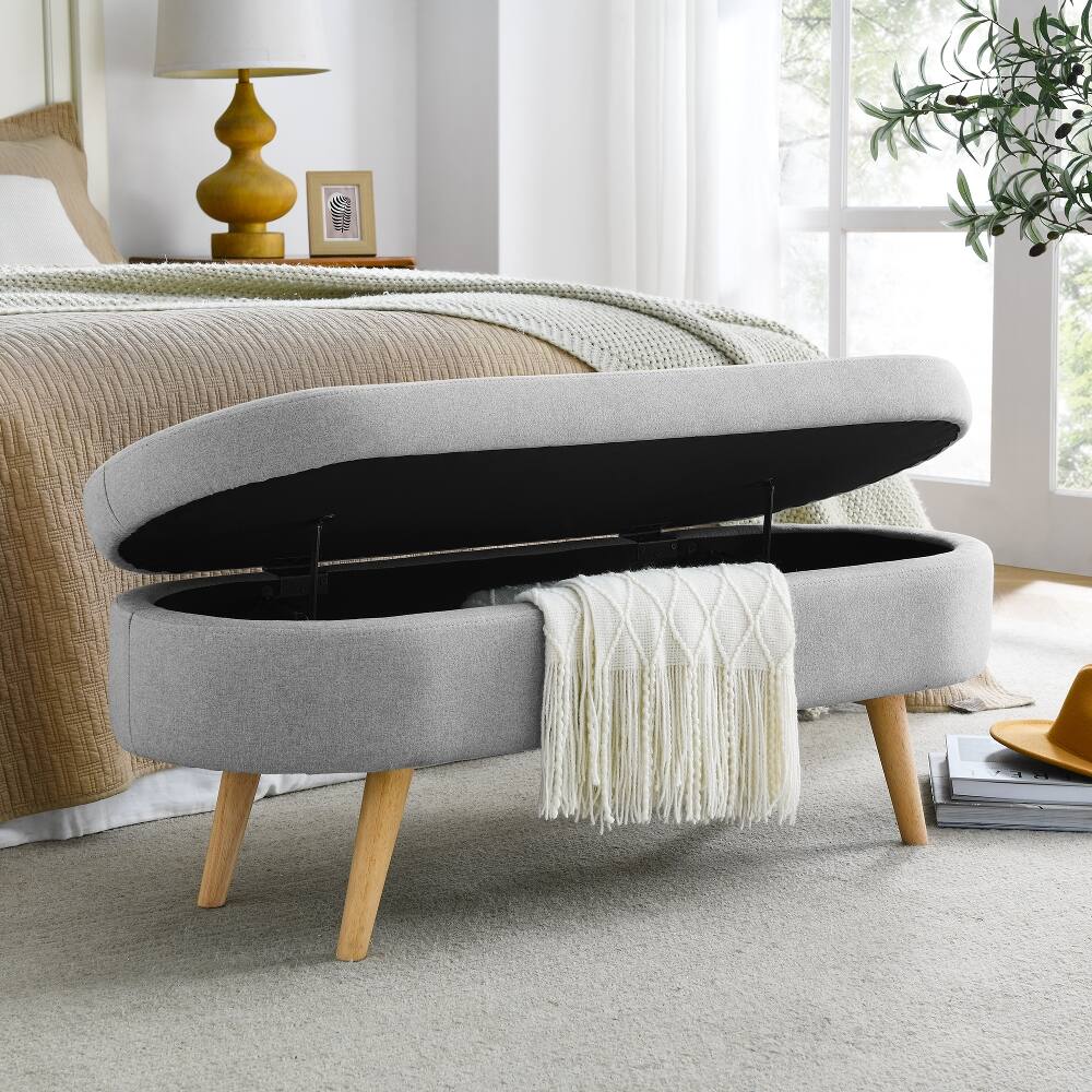 Alt View 1. Ropilly - Ropilly Oval Storage Bench Grey Storage Ottoman with Rubber Wood Legs for Bedroom - Grey.