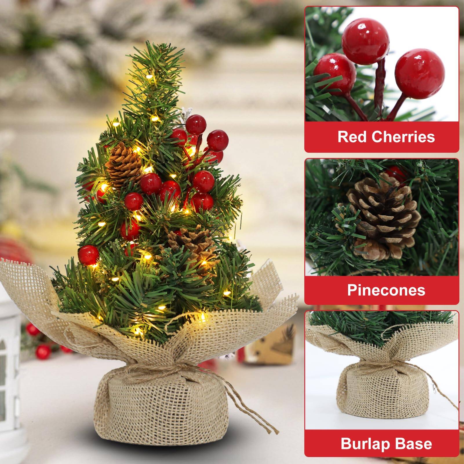 - Red Cherries
- Pinecones
- Burlap Base