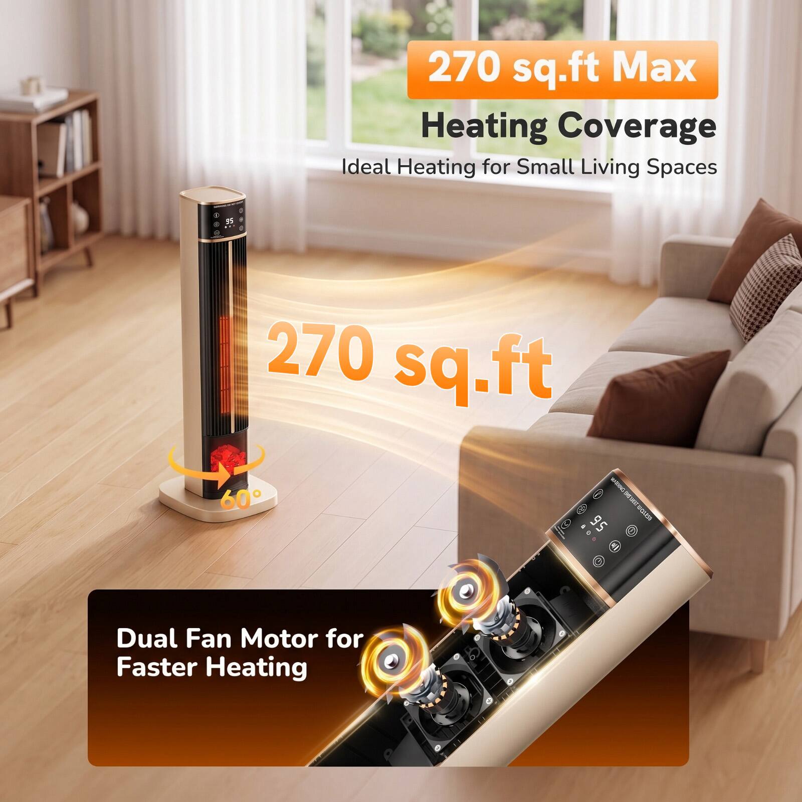 270 sq.ft Max Heating Coverage  
Ideal Heating for Small Living Spaces

270 sq.ft

Dual Fan Motor for Faster Heating