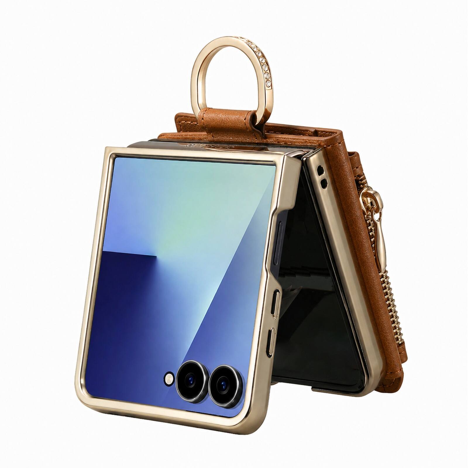 Left. Dteck - Zipper Wallet Card Pocket Back Cover for Samsung Galaxy Z Flip8 with Mirror Design, Shockproof Finger Ring Rugged Cover - Brown.