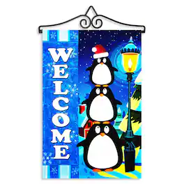 G128 - Combo Pack Garden Flag Hanger 14.2in & Welcome 3 Penguins Flag 12x18in Printed 150D Polyester - Blue