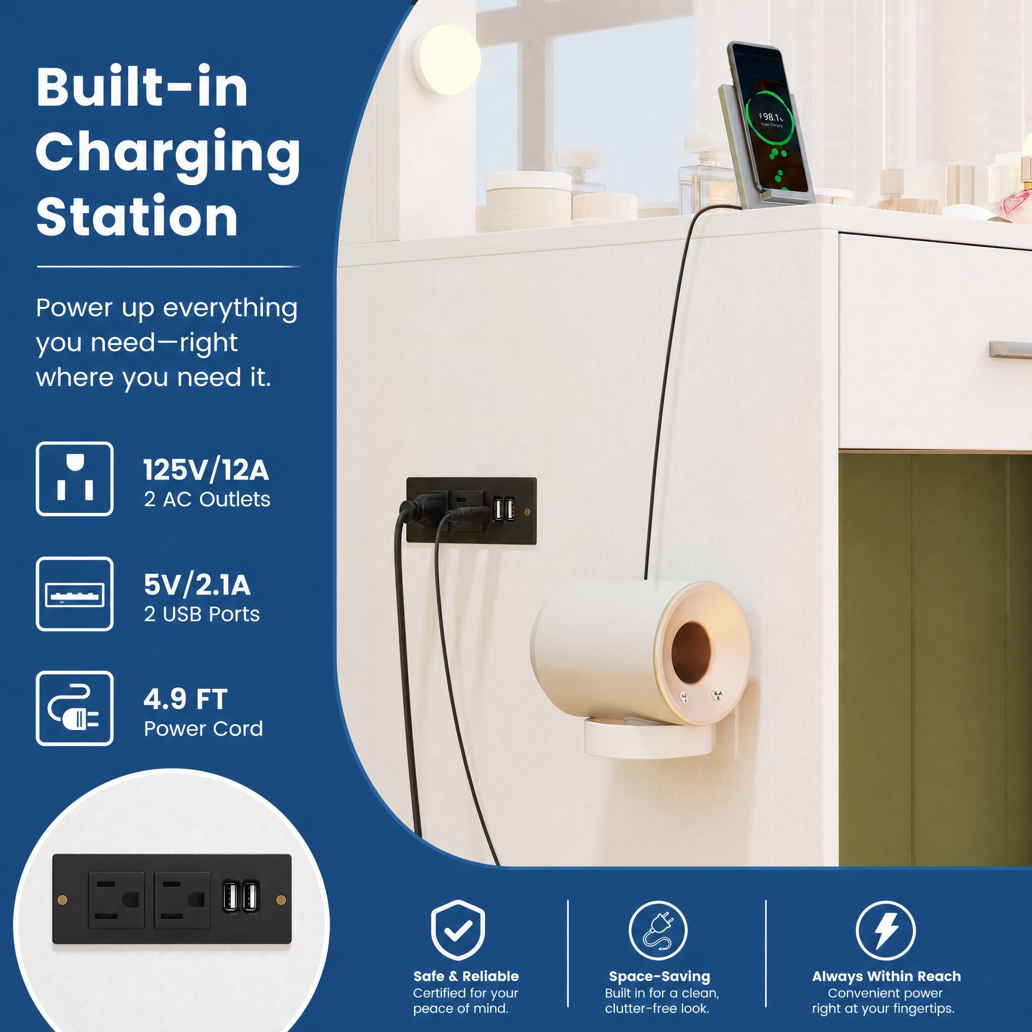 Built-in Charging Station

Power up everything you need—right where you need it.

125V/12A 2 AC Outlets

5V/2.1A 2 USB Ports

4.9 FT Power Cord

Safe & Reliable Certified for your peace of mind.

Space-Saving Built in for a clean, clutter-free look.

Always Within Reach Convenient power right at your fingertips.