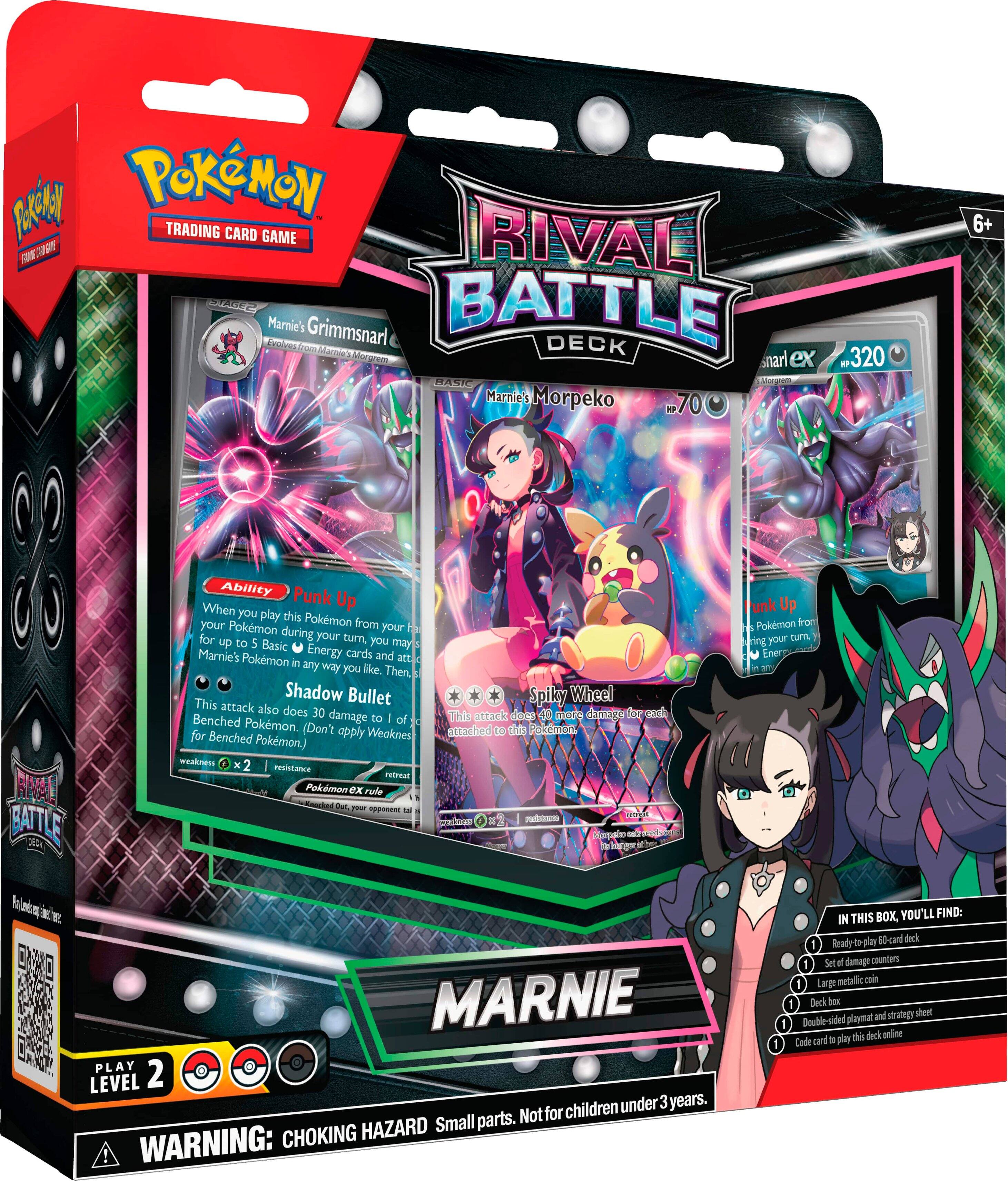 Pokemon Trading Card Game Rival Battle Marnie's Grimmsnarl Deck Box. Contains 60 cards, including Marnie's Grimmsnarl and Morpeko, and a strategy sheet. For ages 3+. Small parts. Not for children under 3 years. Choking hazard. WARNING: Choking hazard.