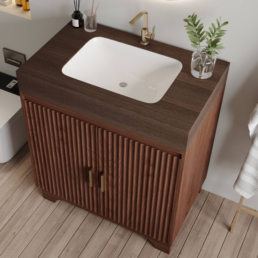 Alt View 3. Loheer - Loheer 30 inch freestanding bathroom vanity sintered stone countertop walnut plywood bathroom cabinet - Walnut.