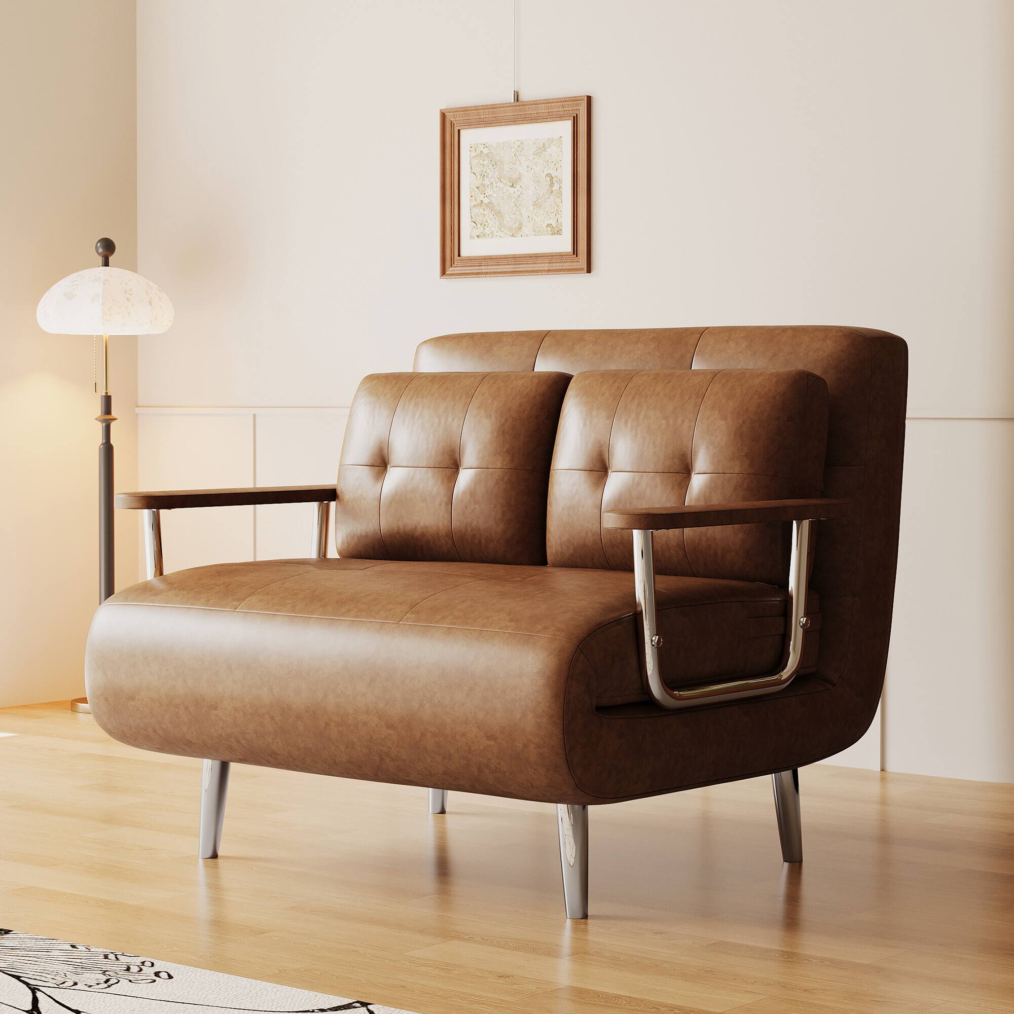 Front. luck idea - 43.3" Modern Convertible Sofa Bed in Oil-Waxed Leather, Sleeper Couch for Living Room - Brown.