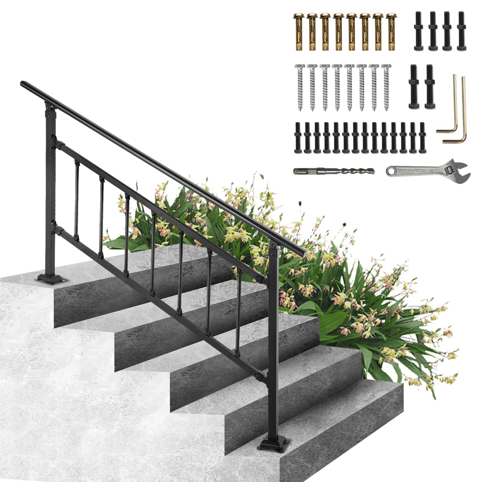 VEVOR - Outdoor Stair Railing, Fits for 1-5 Steps Transitional Wrought Iron Handrail, Adjustable Exterior Stair Railing - Black