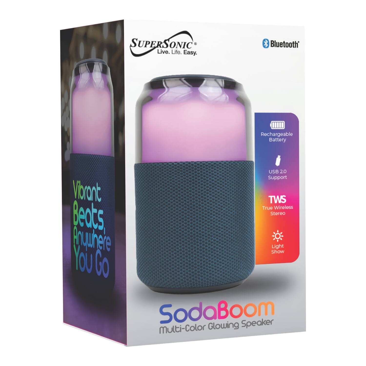SUPERSONIC Live. Life. Easy. * Bluetooth Rechargeable Battery USB 2.0 Support Viorant TWS True Wireless Stereo Bects, Pnuuhere Show Light YoU Go SodaBoom Speaker Multi-Color Glowing