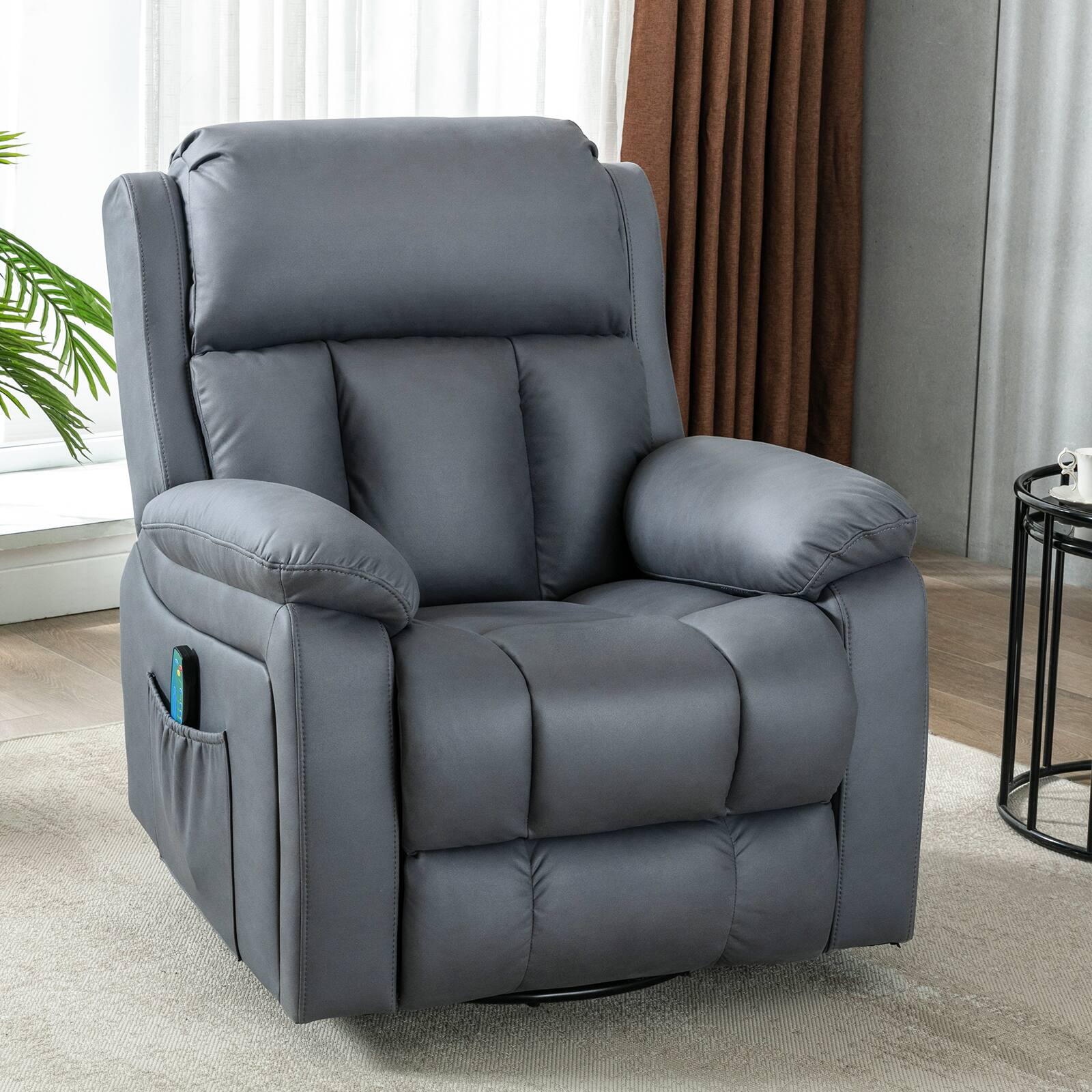 Angle. U-HOMY - Power Swivel Glider Recliner with Heat and Massage, 360° Rotation and Convenient Side Pocket for Living Room - Bluish Gray.