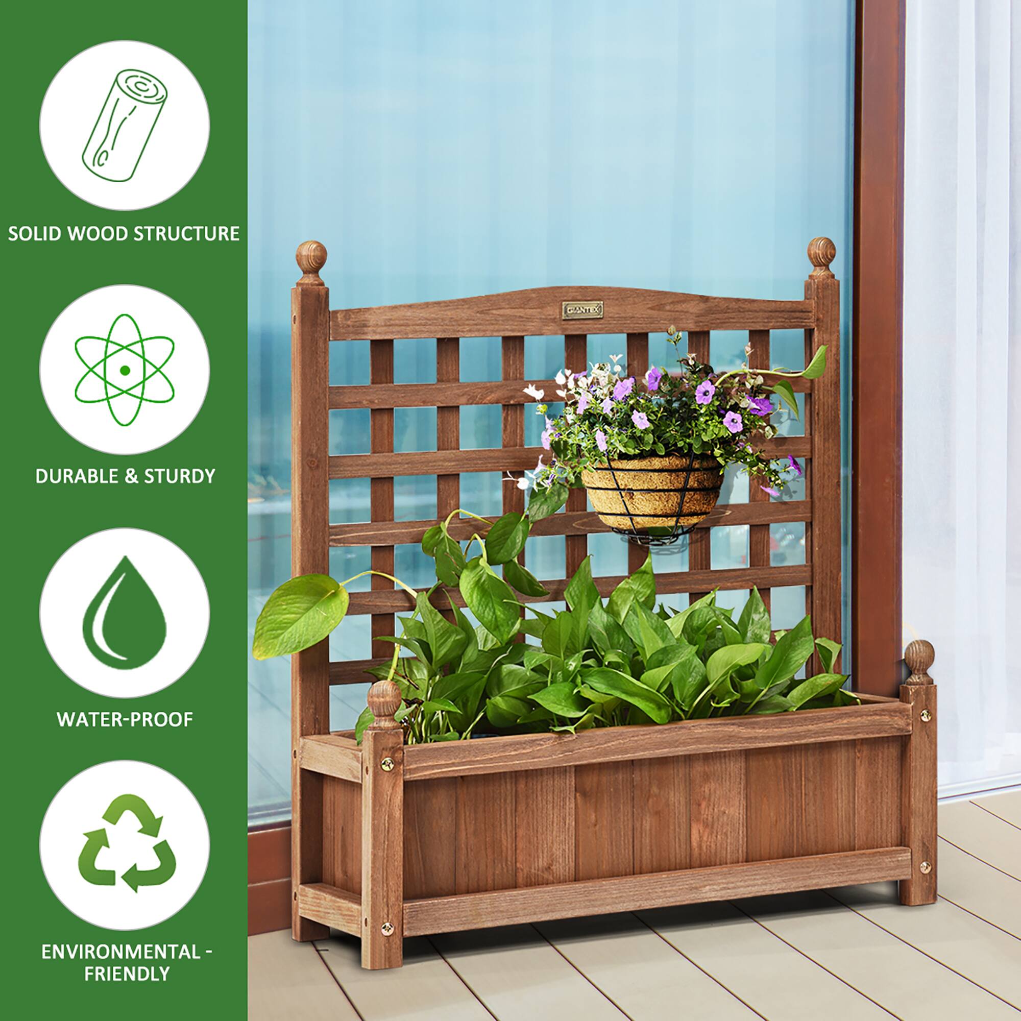 Solid wood structure, durable and sturdy, water-proof, and environmentally friendly.