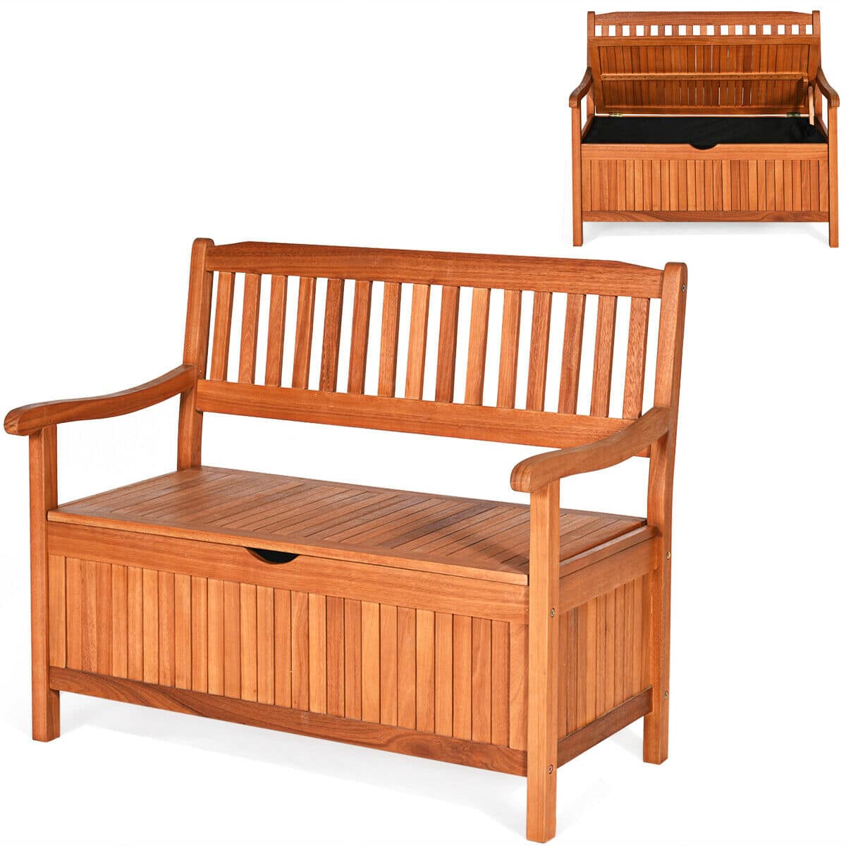 Costway - 42" Storage Bench Deck Box Solid Wood Seating Container Tools Toys W/Backrest - Natural