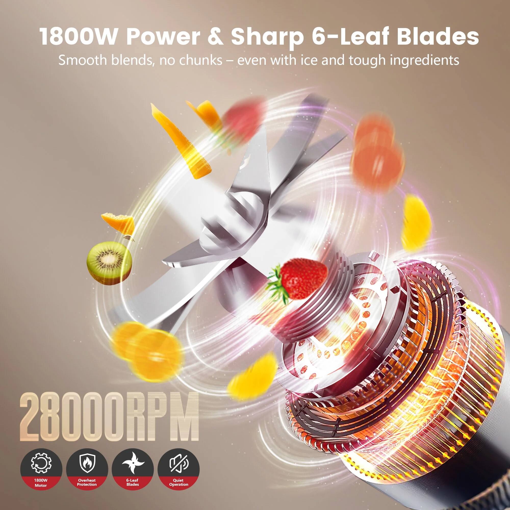 1800W Power & Sharp 6-Leaf Blades  
Smooth blends, no chunks – even with ice and tough ingredients  

28000RPM  

1800W Motor  
Overheat Protection  
6-Leaf Blades  
Quiet Operation