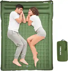 CAMULAND - Double Camping Sleeping Pad Inflatable Mat with Built-in Pillow Foot Pump - Olive Green