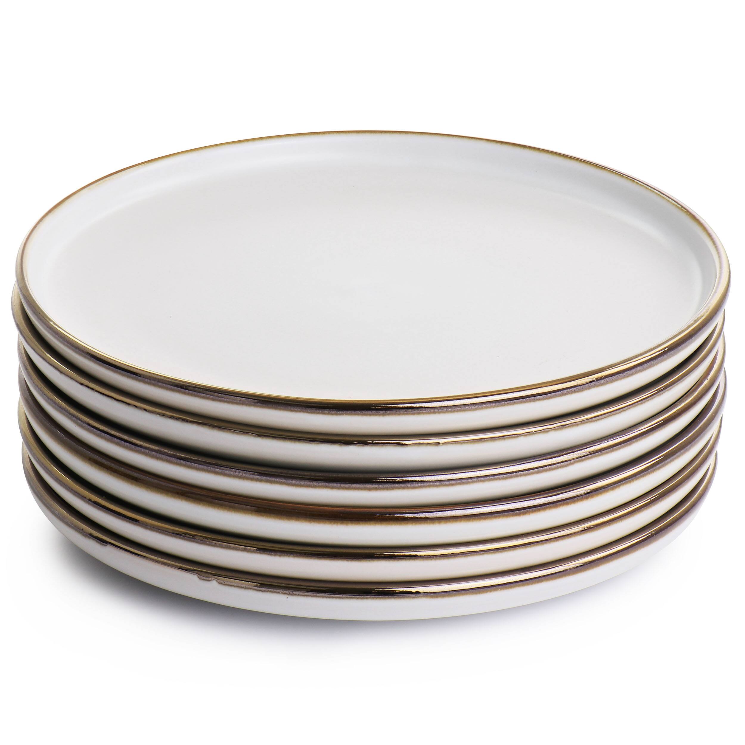 Angle. Elama - Elama Arthur 6 Piece Stoneware Salad Plate Set in Matte White with Gold Rim - White.