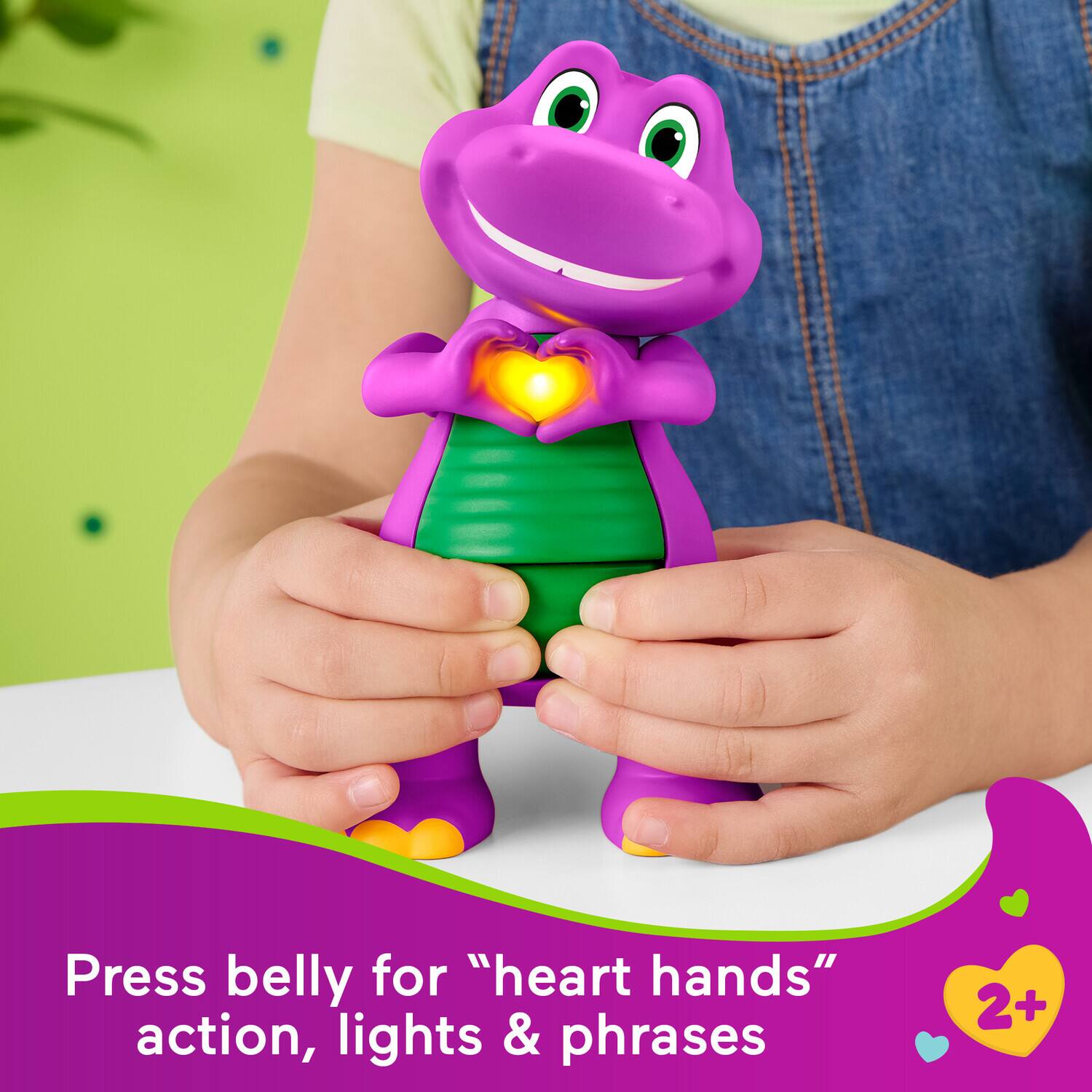 Press belly for "heart hands" action, lights & phrases. 2+