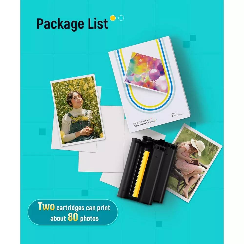 Package List, Porte Printer, Lene Ink Cartridge, and 80 Two cartridges can print about 80 photos.