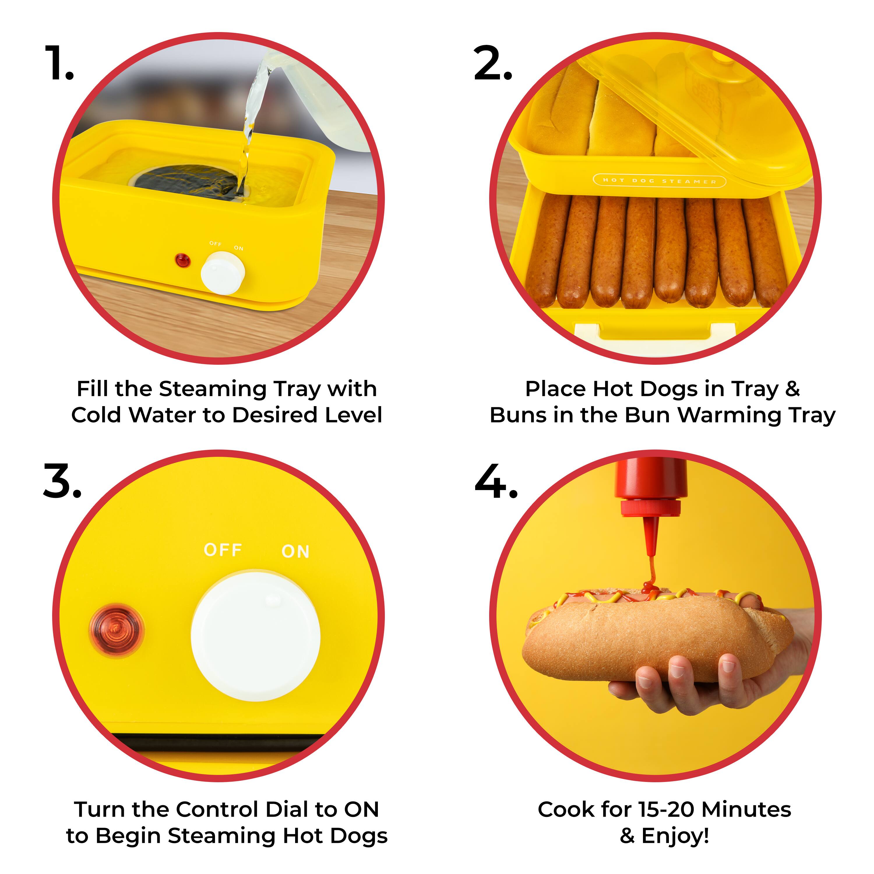 1. Fill the Steaming Tray with Cold Water to Desired Level  
2. Place Hot Dogs in Tray & Buns in the Bun Warming Tray  
3. Turn the Control Dial to ON to Begin Steaming Hot Dogs  
4. Cook for 15-20 Minutes & Enjoy!