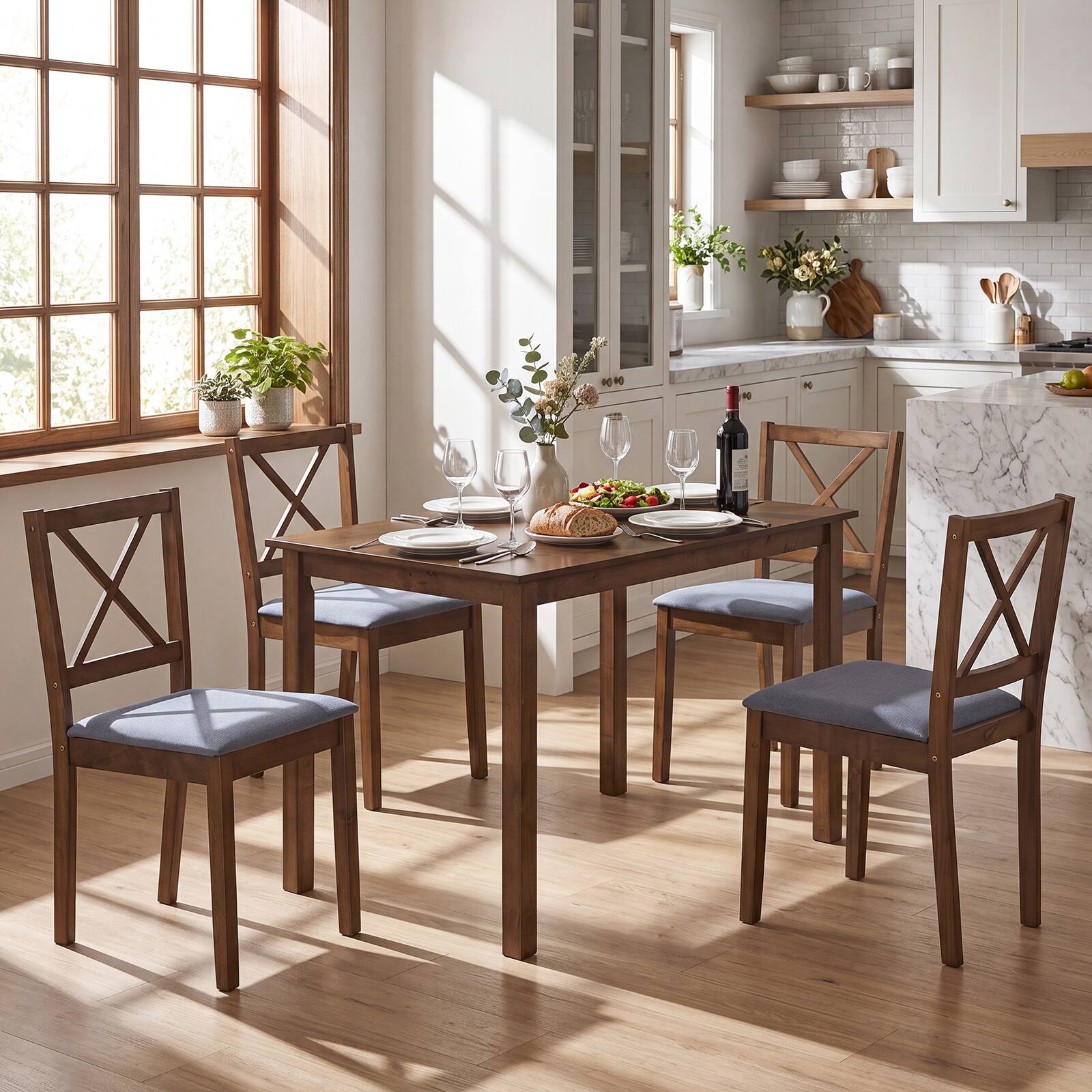 Alt View 3. Costway - Costway 5-Piece Dining Set with Rectangular Table & Upholstered Chairs, Space-Saving Design - Brown & Gray.