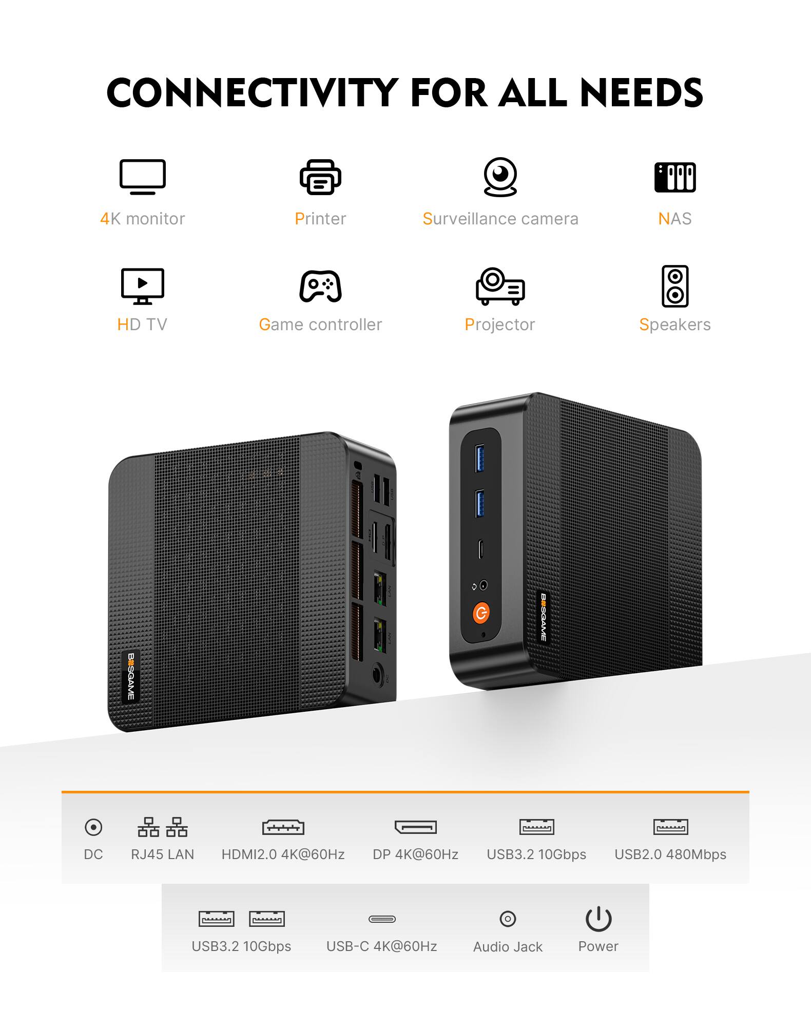 CONNECTIVITY FOR ALL NEEDS

4K monitor
Printer
Surveillance camera
NAS
HD TV
Game controller
Projector
Speakers

DC
RJ45 LAN
HDMI2.0 4K@60Hz
DP 4K@60Hz
USB3.2 10Gbps
USB2.0 480Mbps
USB3.2 10Gbps
USB-C 4K@60Hz
Audio Jack
Power