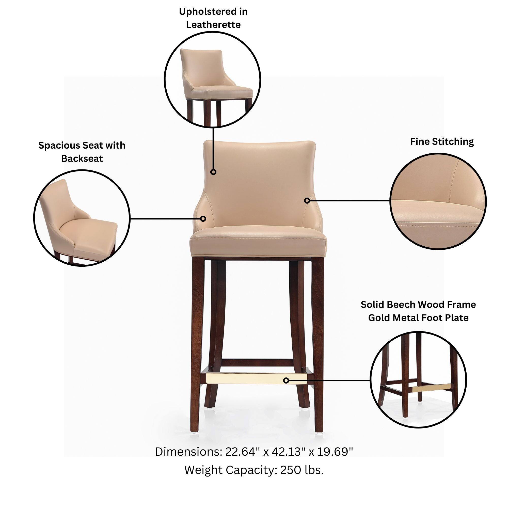 Upholstered in Leatherette  
Spacious Seat with Backseat  
Fine Stitching  
Solid Beech Wood Frame Gold Metal Foot Plate  
Dimensions: 22.64" x 42.13" x 19.69"  
Weight Capacity: 250 lbs.
