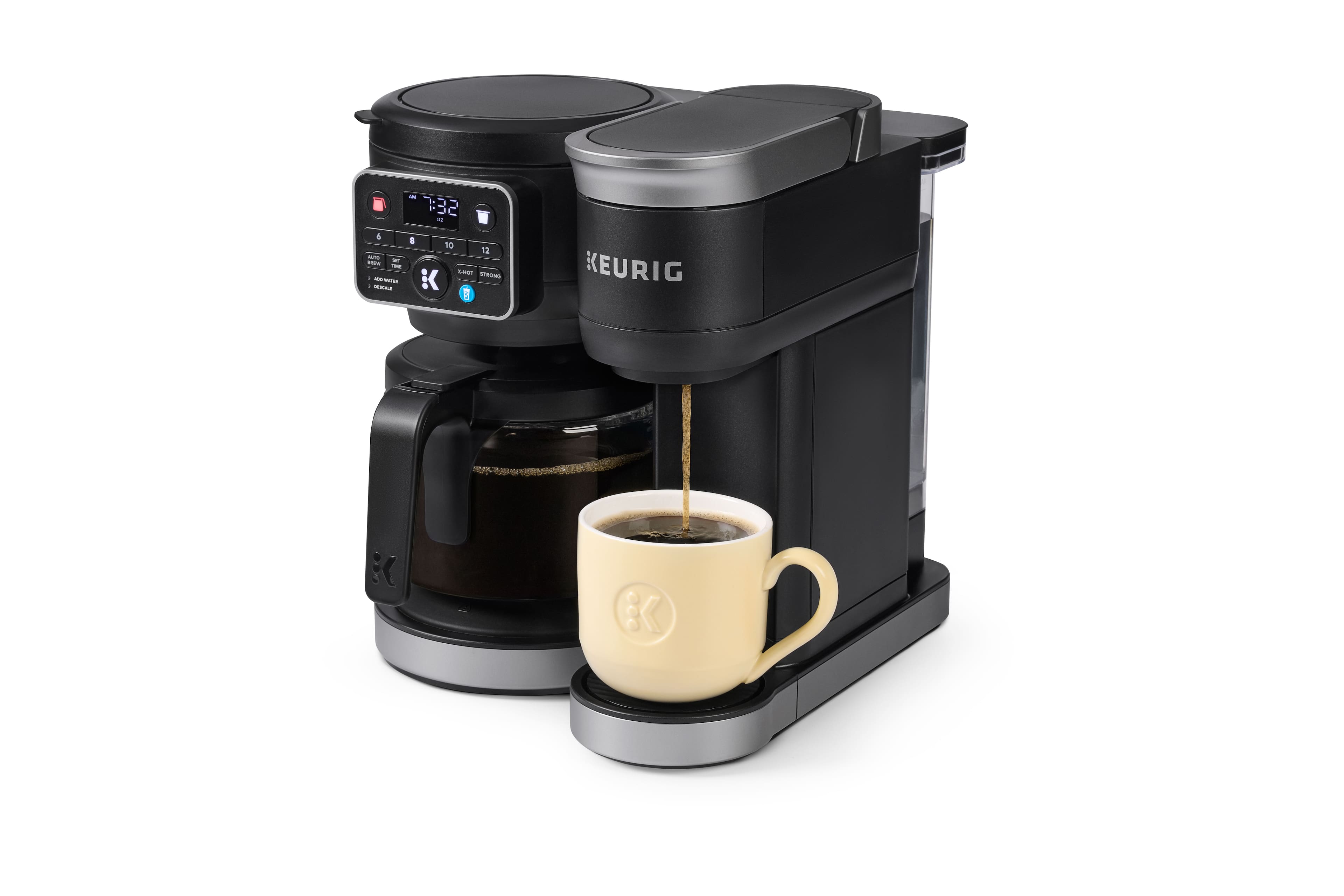 The text on the image reads: "7:32 6 8 10 12 L 1 2 3 4 5 6 7 8 9 10 11 12 KEURIG K-75".