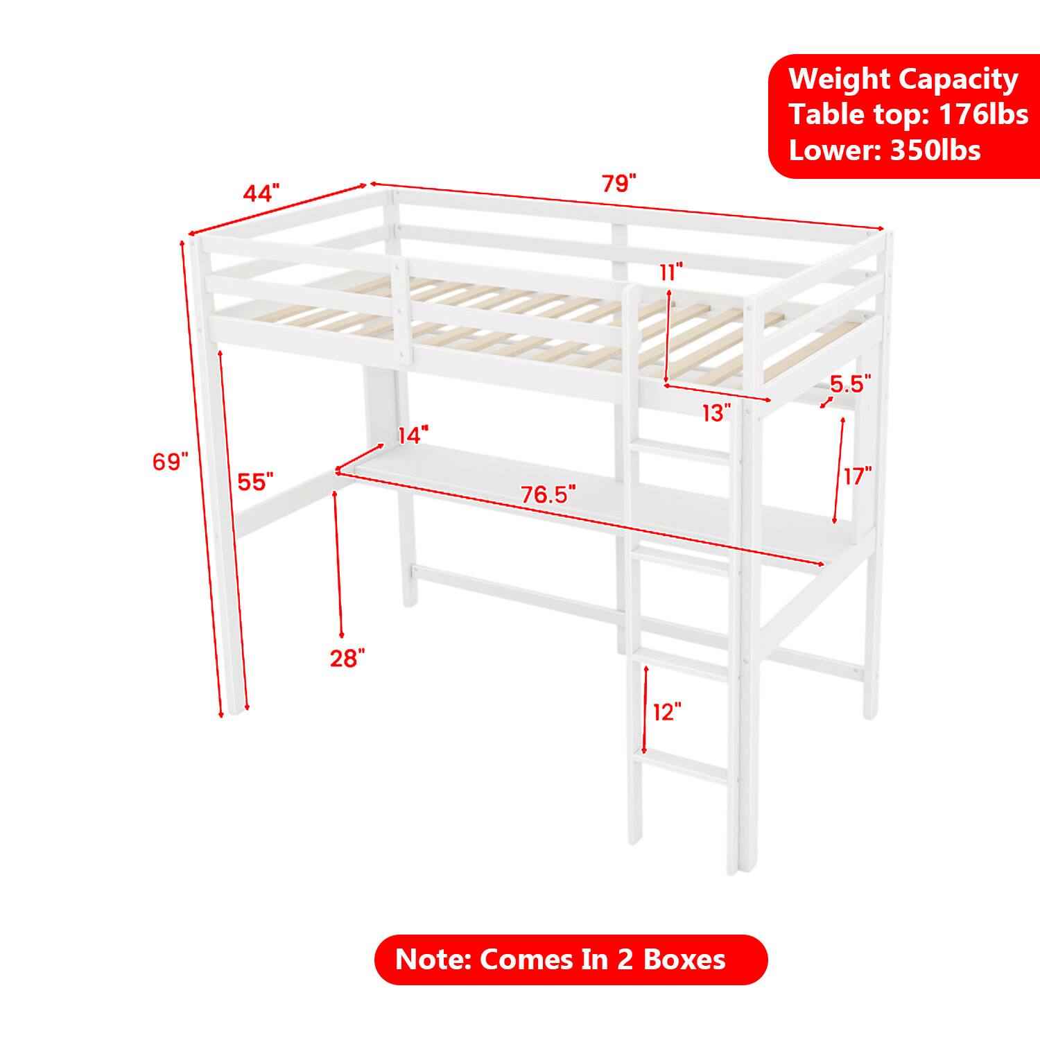 44" 79" Weight Capacity Table top: 176lbs Lower: 350lbs 11" 69" 55" 14" 76.5" 13" 5.5" 17" 28" 12" Note: Comes In 2 Boxes