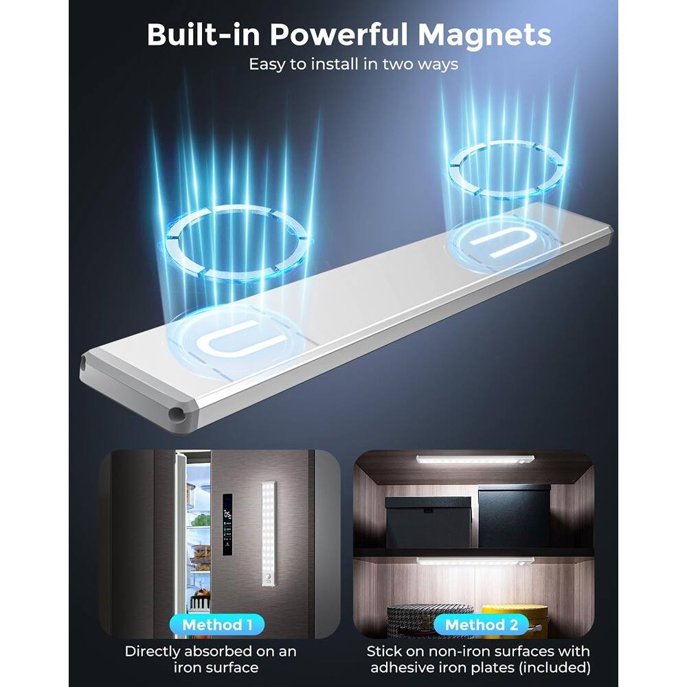 Built-in Powerful Magnets  
Easy to install in two ways  

Method 1  
Directly absorbed on an iron surface  

Method 2  
Stick on non-iron surfaces with adhesive iron plates (included)