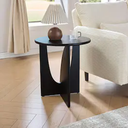 Kings Brand Furniture - Theo Contemporary Round Wood Side Table with Sculptural U-Shaped Base - Black