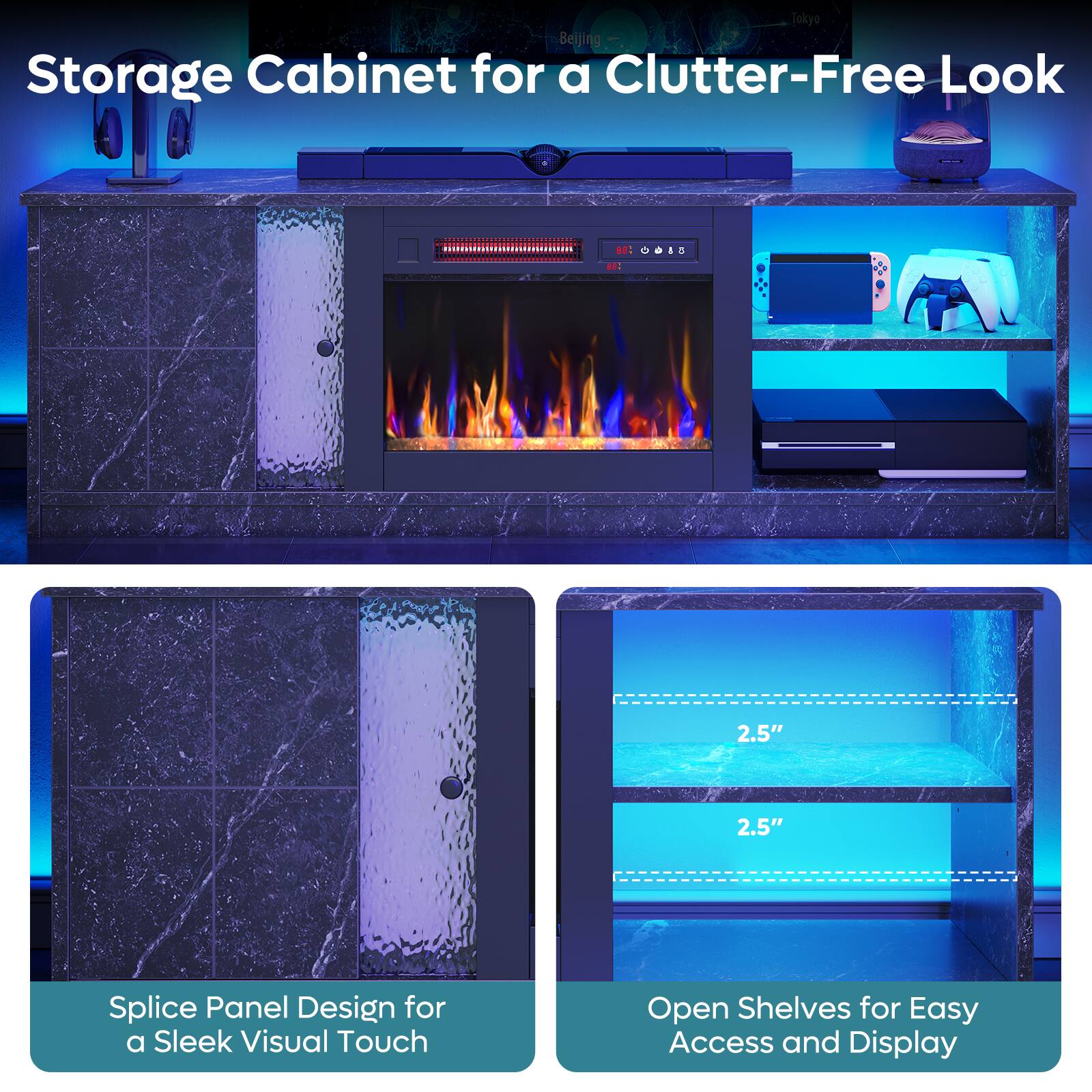 Storage Cabinet for a Clutter-Free Look  0.S 1 2.5" Splice Panel Design for a Sleek Visual Touch Open Shelves for Easy Access and Display