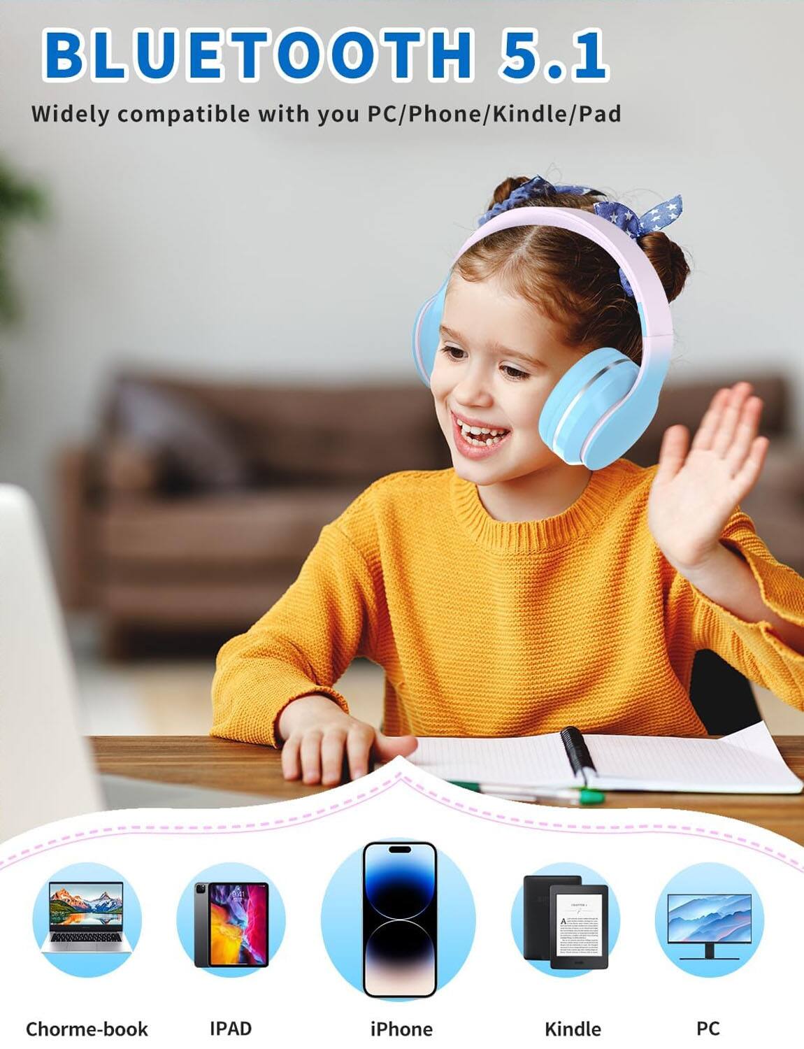 BLUETOOTH 5.1  
Widely compatible with your PC/Phone/Kindle/Pad  

- Chrome-book  
- IPAD  
- iPhone  
- Kindle  
- PC