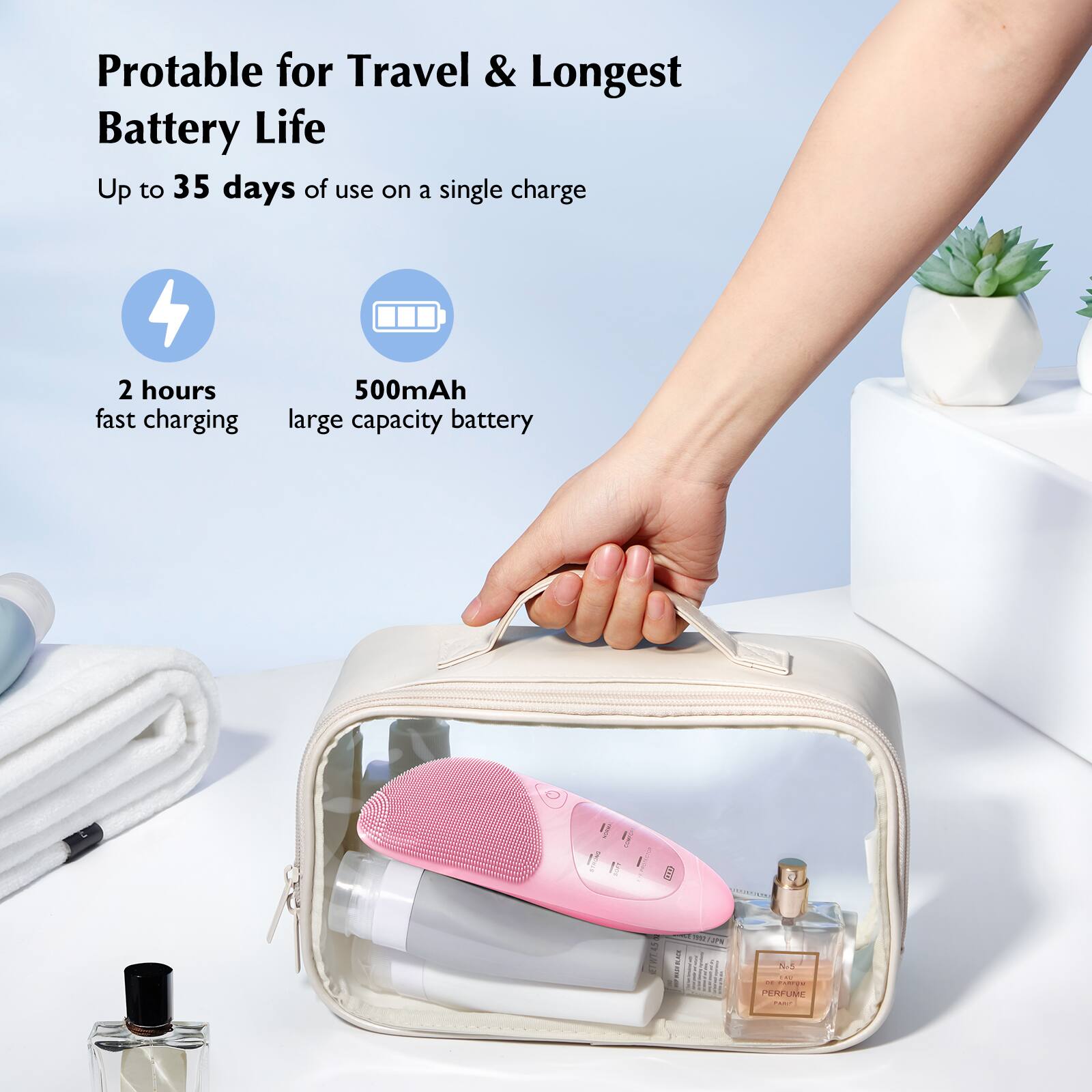 Portable for Travel & Longest Battery Life  
Up to 35 days of use on a single charge  
2 hours fast charging  
500mAh large capacity battery