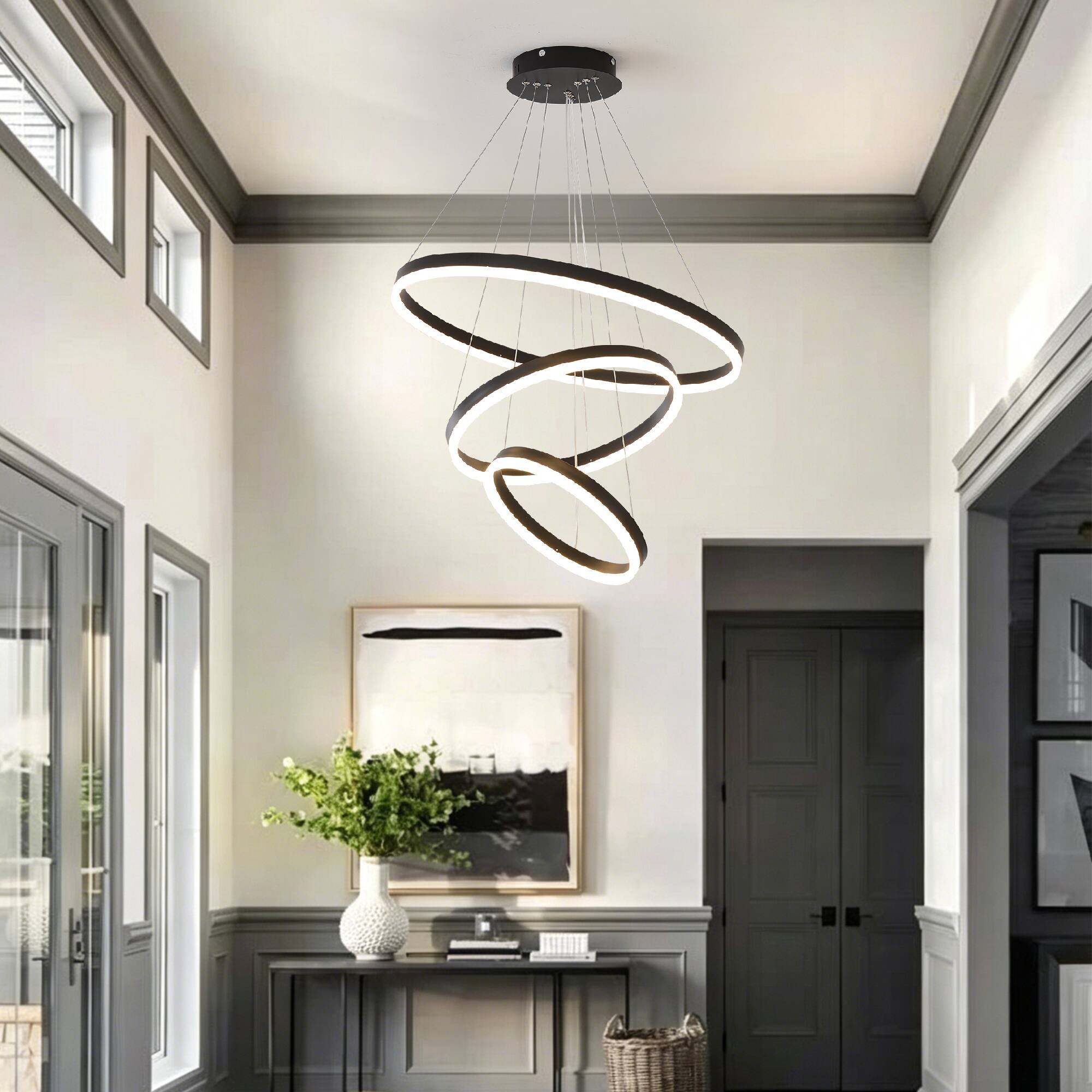 Left. RYHNUYNE - Modern 3-Ring LED Chandelier with Remote Control, Dimmable 3000K-6000K, Adjustable Height Pendant Light for Dining Room.