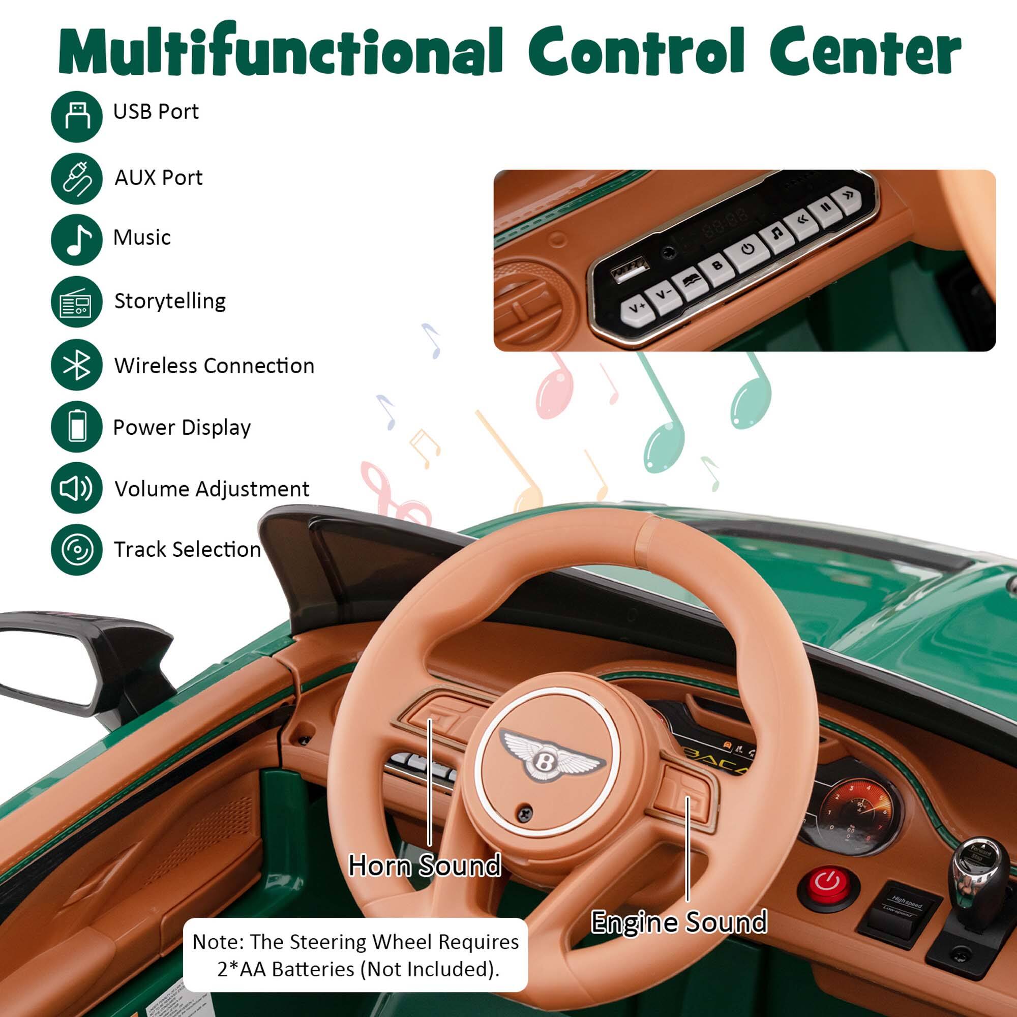 Multifunctional Control Center

- USB Port
- AUX Port
- Music
- Storytelling
- Wireless Connection
- Power Display
- Volume Adjustment
- Track Selection

Note: The Steering Wheel Requires 2*AA Batteries (Not Included).

Horn Sound
Engine Sound