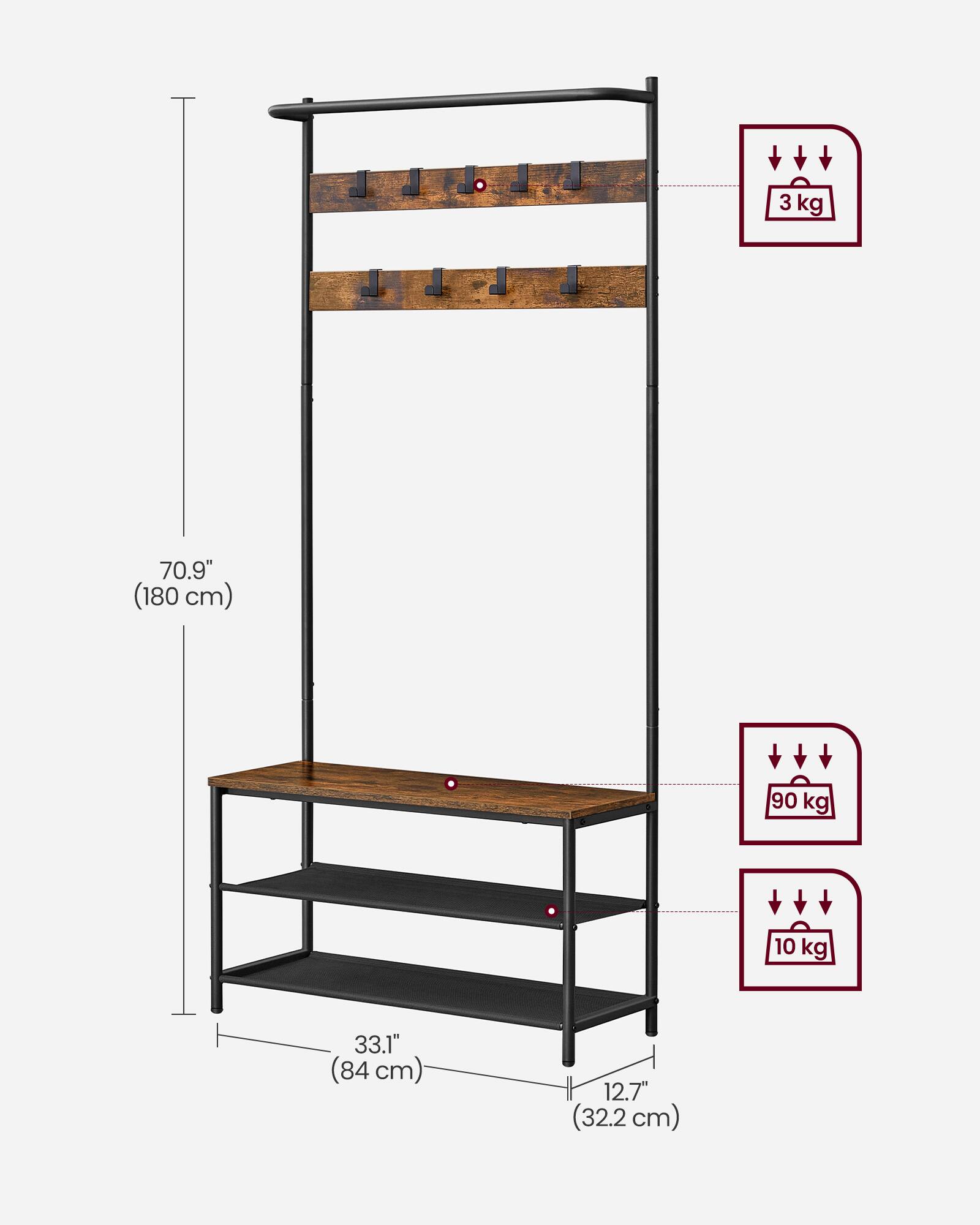 3 kg  
70.9" (180 cm)  
90 kg  
10 kg  
33.1" (84 cm)  
12.7" (32.2 cm)