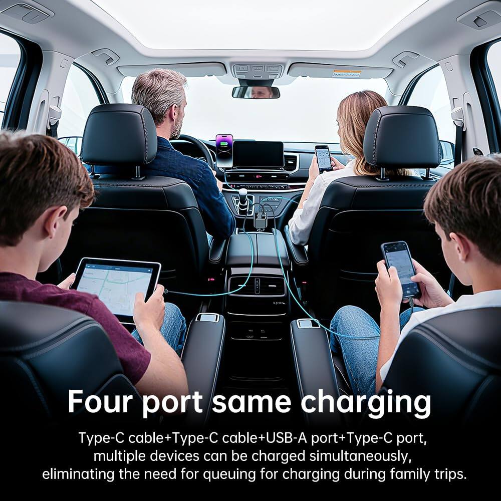 Four port same charging  
Type-C cable+Type-C cable+USB-A port+Type-C port, multiple devices can be charged simultaneously, eliminating the need for queuing for charging during family trips.