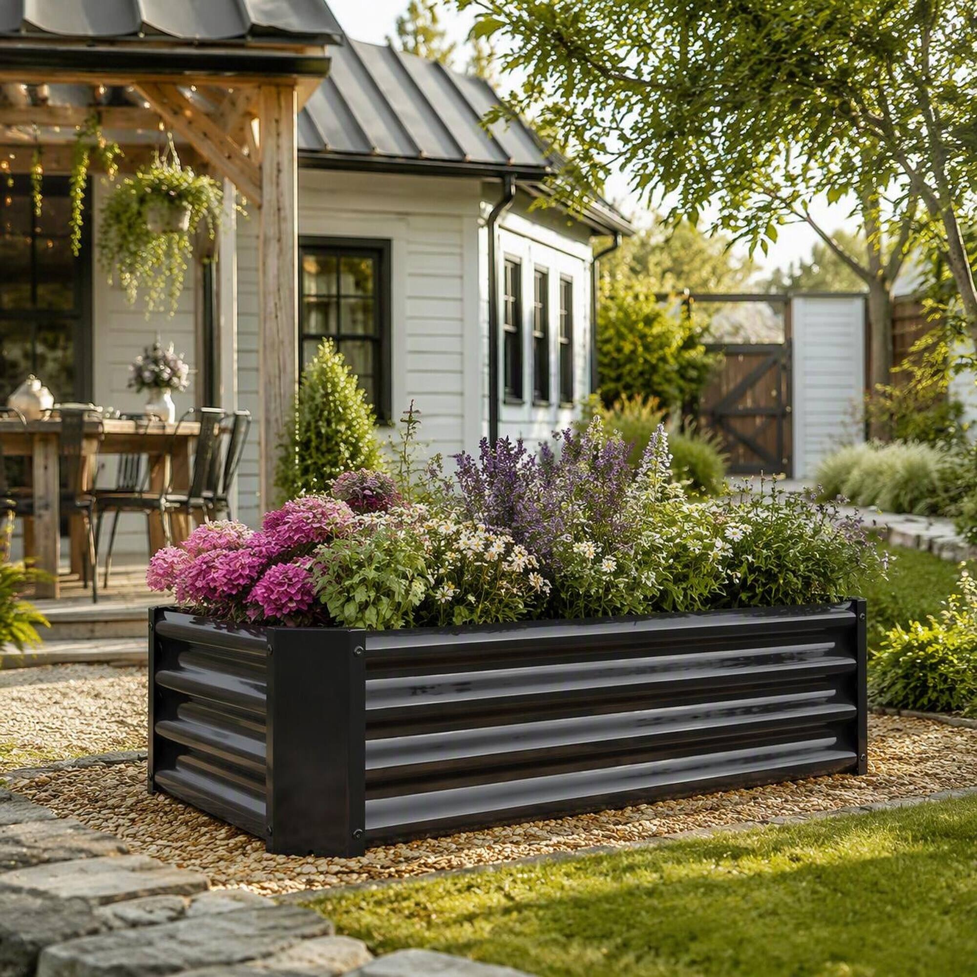 Back. RYHNUYNE - Rectangular Metal Raised Garden Bed 4x2x1ft Elevated Planter Box for Vegetables Flowers Herbs Black - Black.