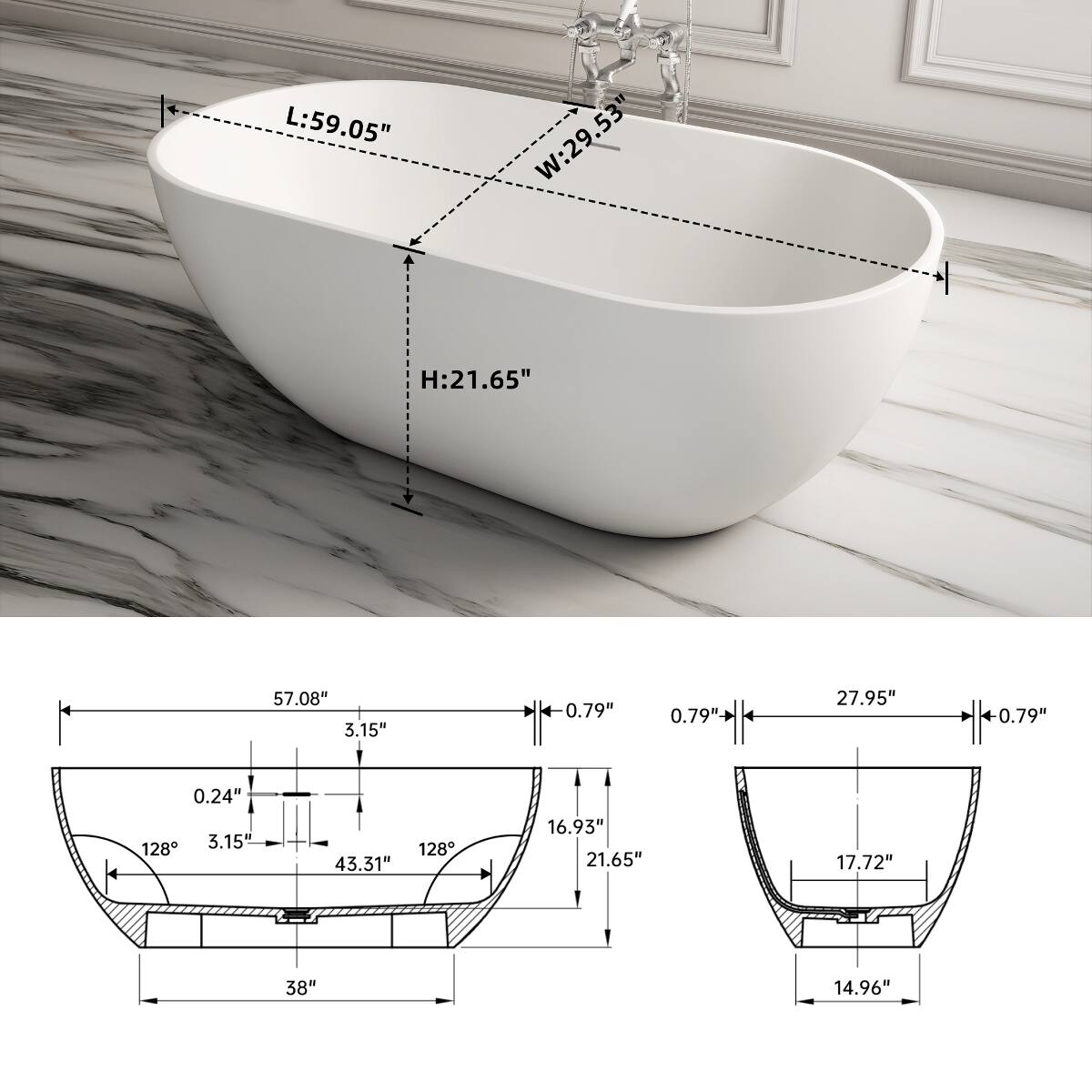 Loheer 59 Inch Solid Surface Freestanding Soaking Bathtub, Deep Soak ...