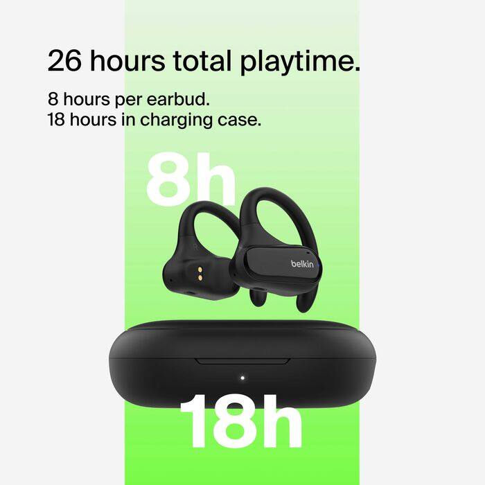 26 hours total playtime.  
8 hours per earbud.  
18 hours in charging case.  
8h  
belkin  
18h
