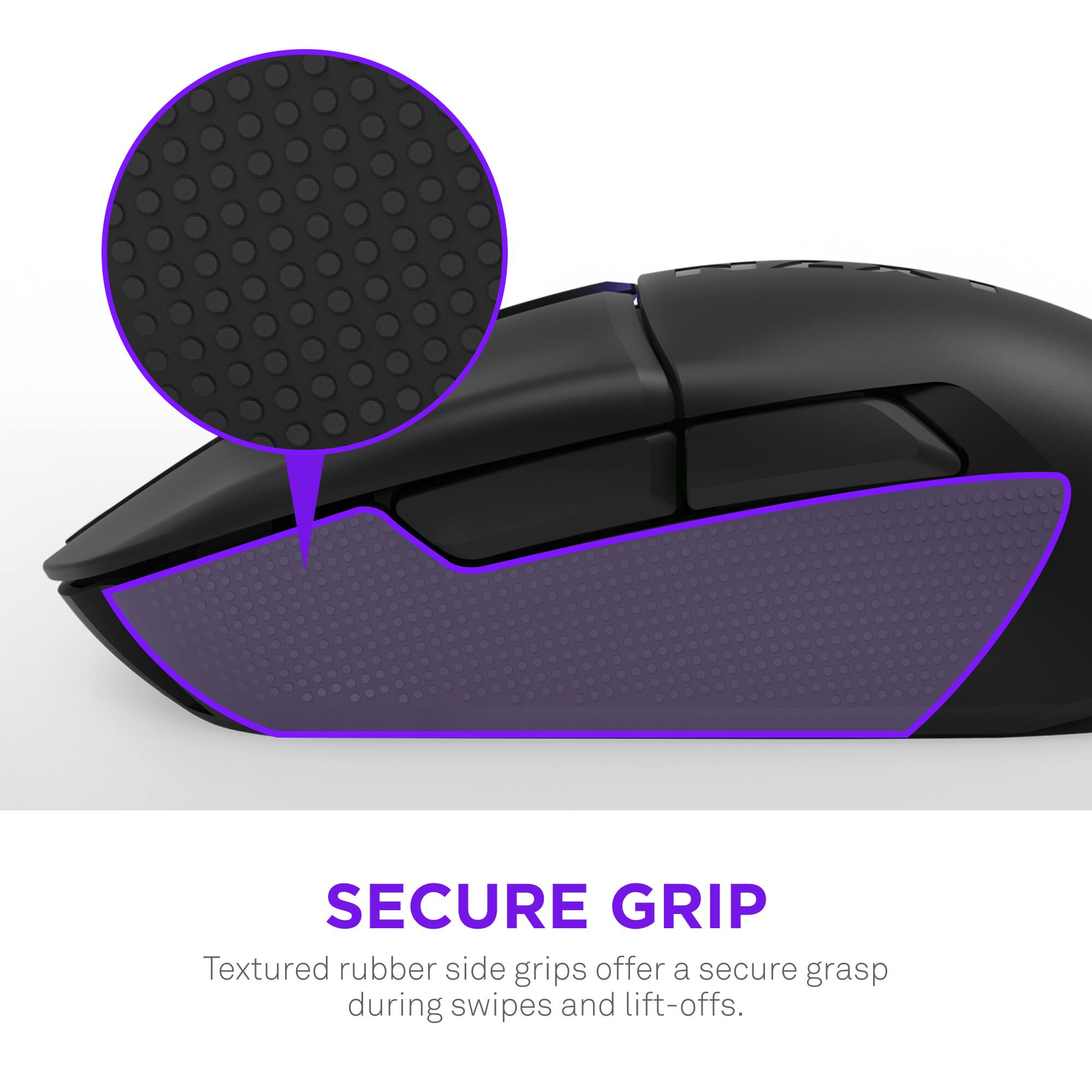 The text on the image reads: "Secure Grip Textured rubber side grips offer a secure grasp during swipes and lift-offs."