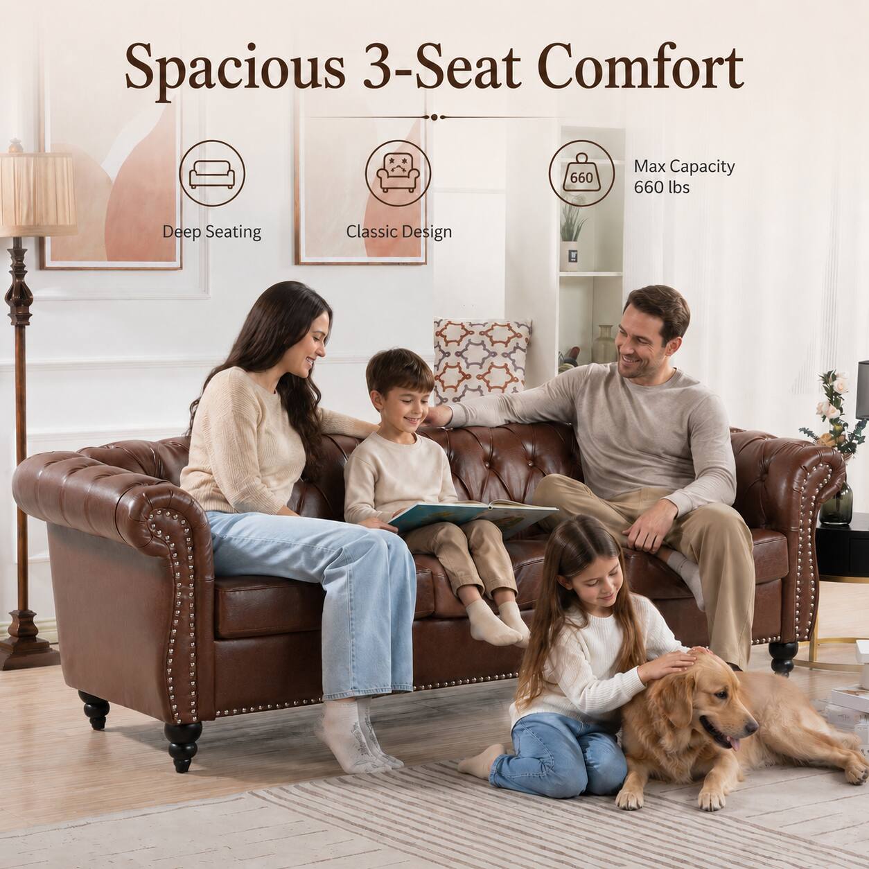 Spacious 3-Seat Comfort  
Max Capacity 660 lbs  
Deep Seating  
Classic Design